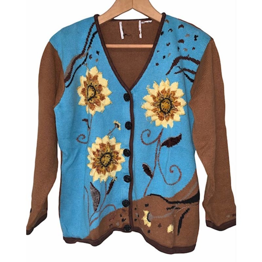 Vintage Blue & Brown Knit Sunflower Embroidered Cardigan